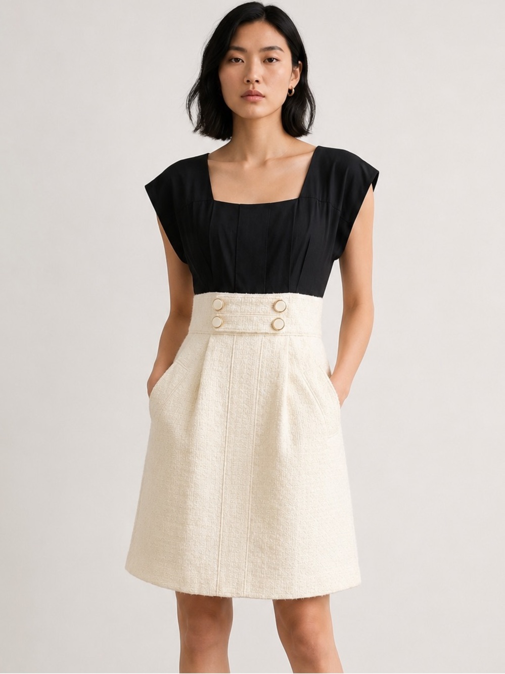 Tibi Black Silk & Ivory Wool Tweed A-Line Dress Size 4